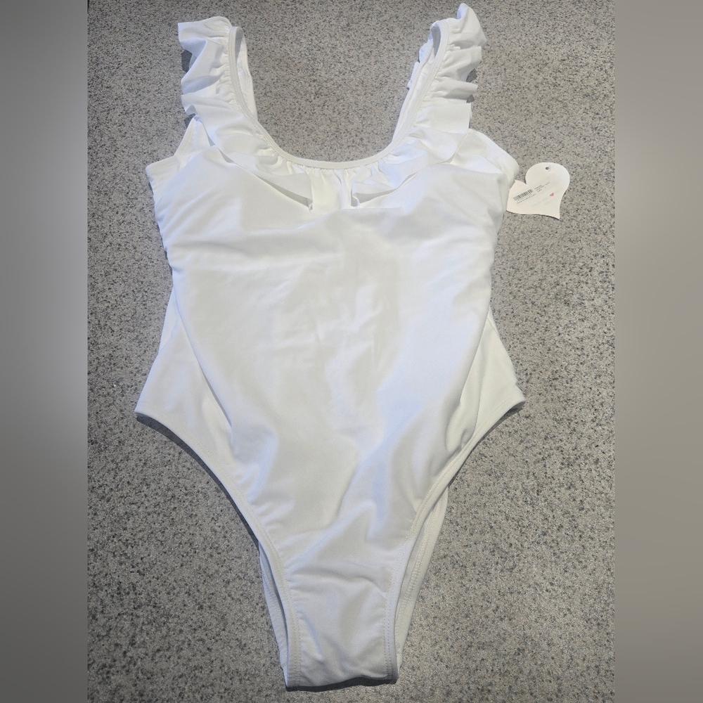 Womens Large One Piece Swim Top White Ruffle Front Swimwear Bathing Suit NWT